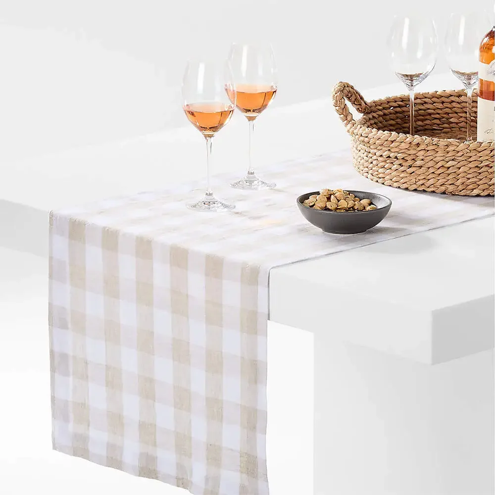 Crate&Barrel Buffalo Check Linen Table Runner – White and Natural New